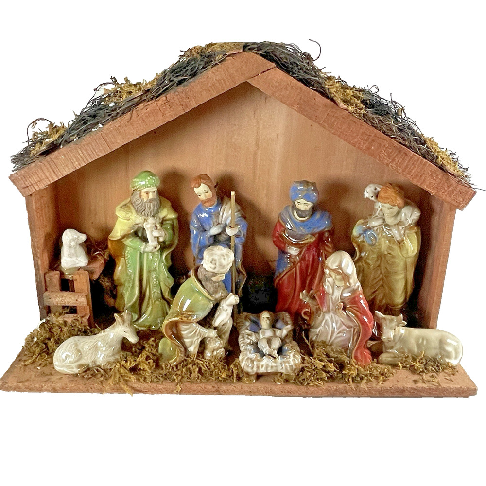 Christmas Nativity Set Ceramic Figures Hand Paint Attached to Barn Holiday Decor
